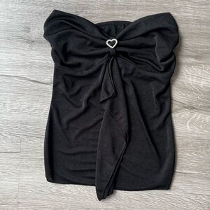 Strapless Black Rhinestone Heart Detail Tube Top